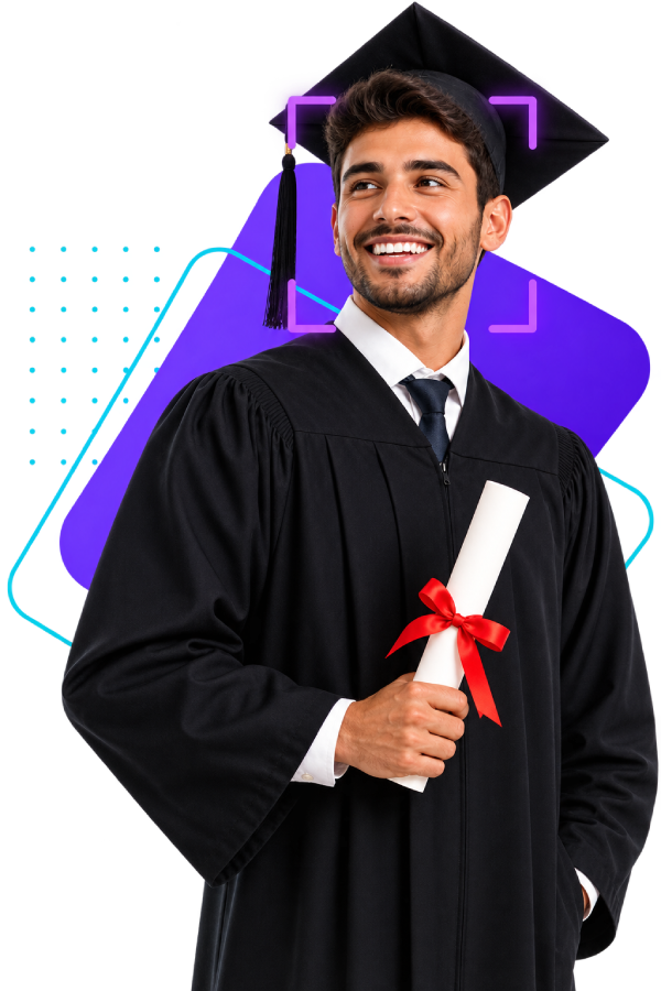 Formando com beca e diploma, identificado pelo FiveId